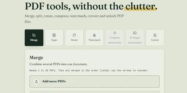 PDF Manager in the sage-paper theme: a large serif heading with a highlighted word, seven tool tabs, and the Merge tool with its list of chosen PDFs.