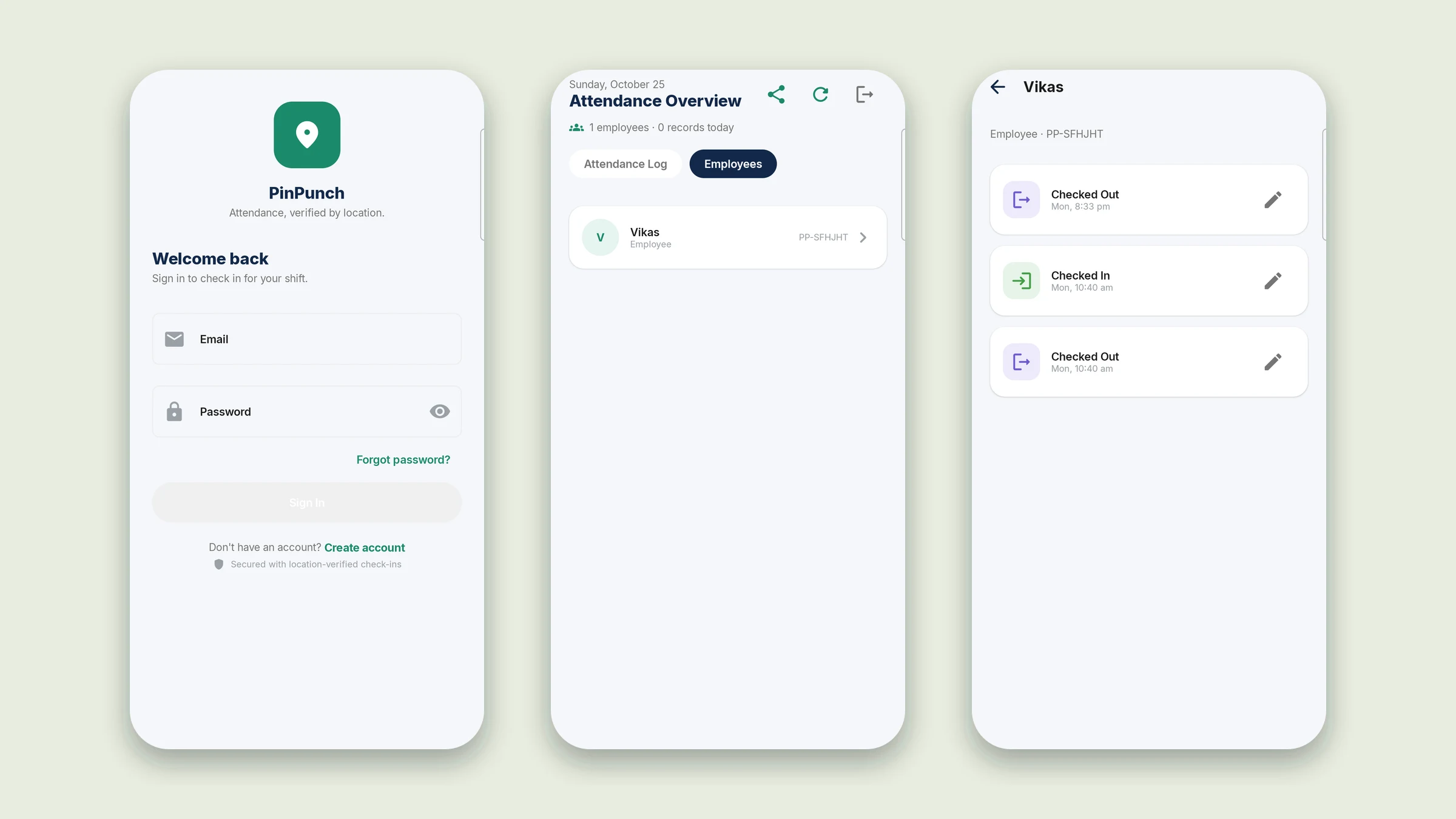 PinPunch on an Android phone: the sign-in screen, the admin's employee list, and one employee's punch history.
