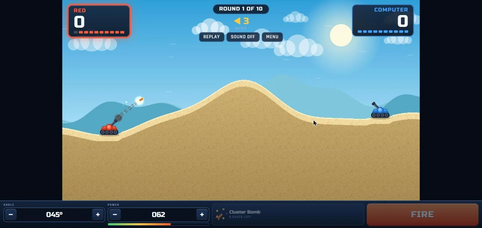 Pocket Tanks mid-game: a red tank has fired a shell over a sandy hill at a blue tank, with score panels, wind, angle and power controls.