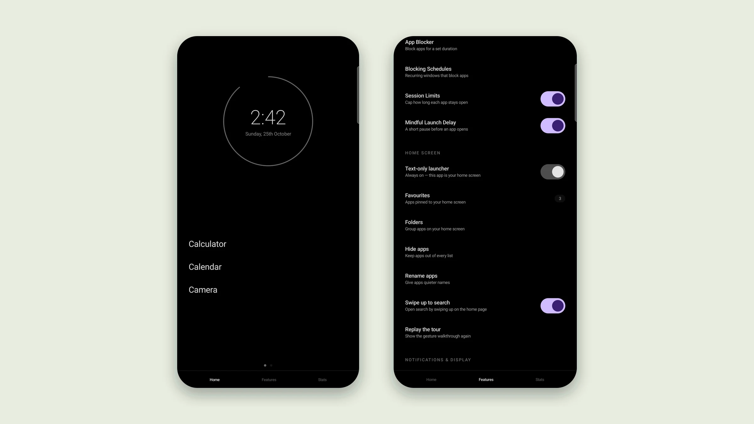 Unplugg: the text-only home screen with a clock and three pinned apps, beside the Features list.