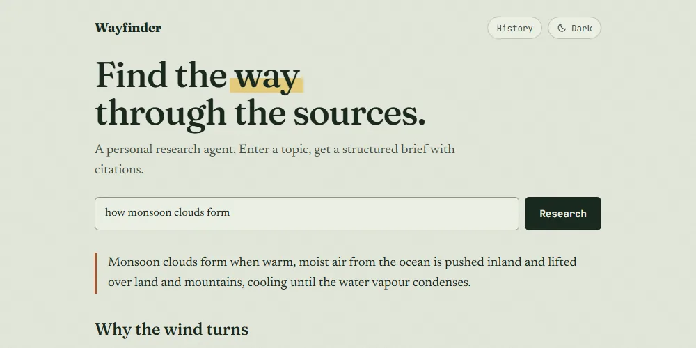 Wayfinder in its light theme: a topic typed in the search box, then a short summary and the first section of a brief with a numbered citation.